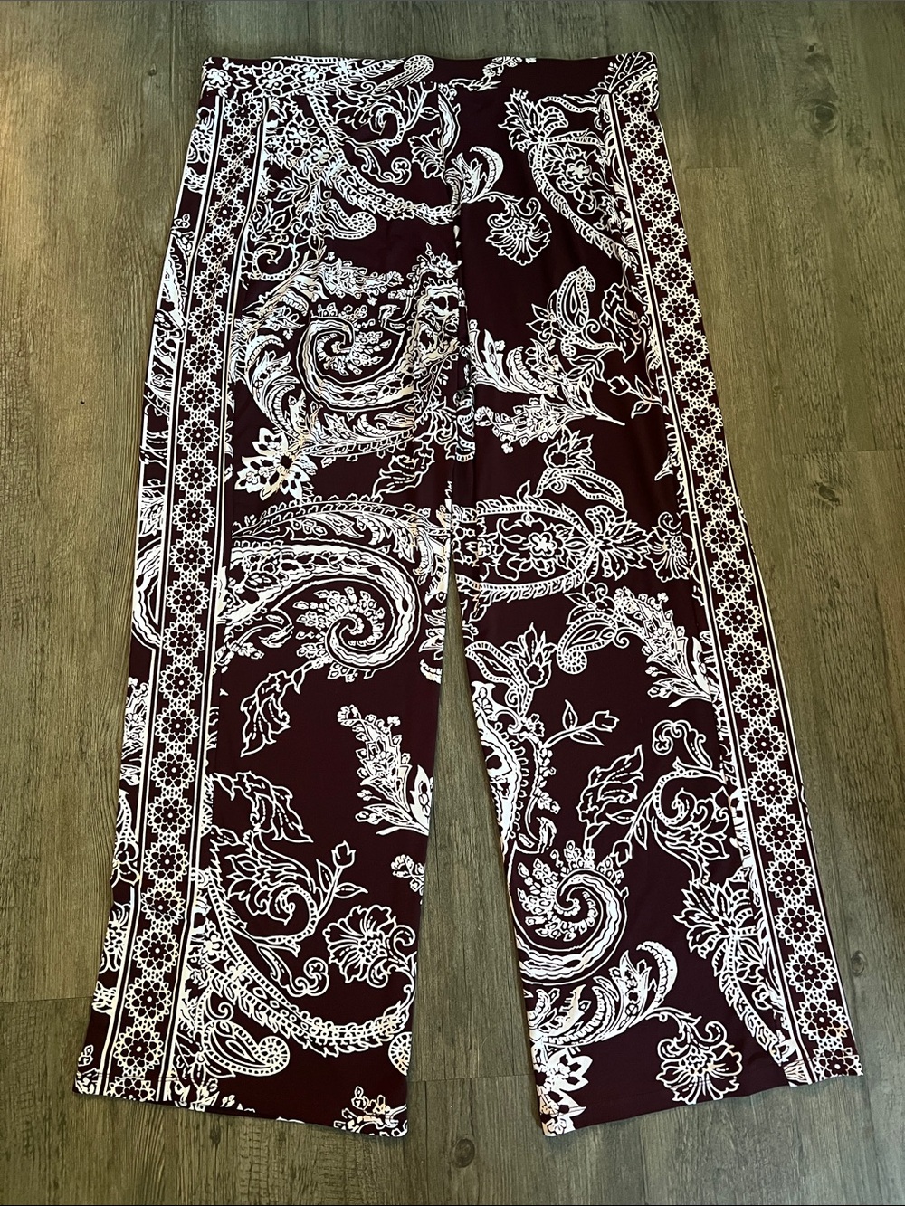 Leebe Plus Size Maroon & White Paisley wide leg flowy pants- 2X